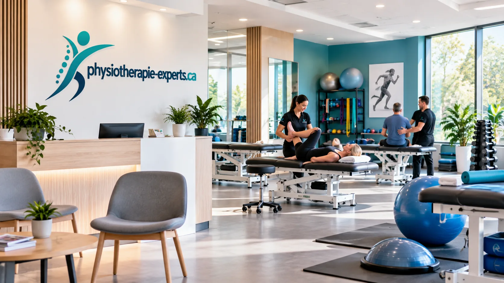 Salle de traitement d'une clinique de physiothérapie avec tables, ballons et équipement de réadaptation