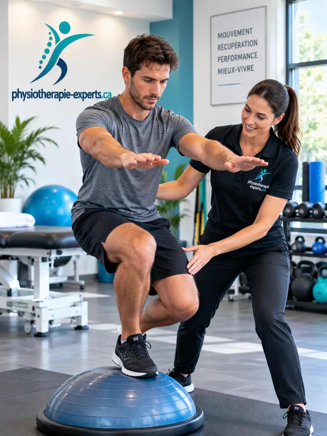 Exercice d'équilibre sur demi-ballon supervisé par une physiothérapeute en clinique
